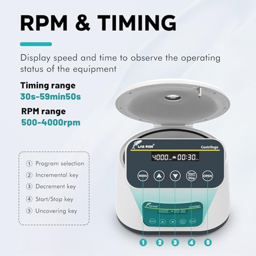 LAB FISH PRP Benchtop Centrifuge Machine 2ml/5ml/10ml/15ml Lab Test Tubes 500-4000RPM Max1717xg Digital Timer Function 30sec-59min - Thumbnail 4