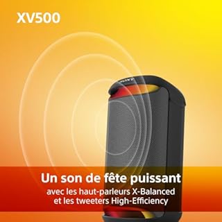 Sony SRS-XV500 - Enceinte Party Box pour la fête sans fil Bluetooth avec son puissant et MEGA BASS- Autonomie de 25 heures, portable, éclairage LED, Party Connect, IPX4, prises Karaoke Mic/Guitar-Noir