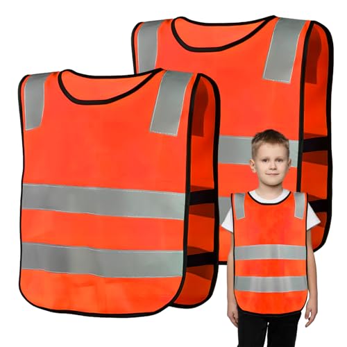 2 Pcs Gilet Alta Visibilità Bambini Età 6-14, Gilet Catarifrangente con 4 Strisce Riflettenti, Gilet Sicurezza Verde Arancione, Giubbotto Sicurezza Ragazze Ragazzi Sport Scuola Ciclismo (Arancione)