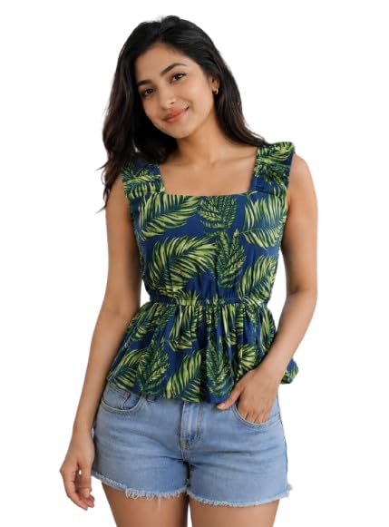 Women Floral Printed Sleeveless Peplum Top with Waist Elastic for Girls Casual Square Neck Ruffle Strap Summer Stylish-image-21