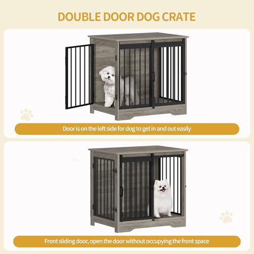 Hzuaneri 27.2" Dog Crate Furniture with Barn Door, Heavy Duty Dog Kennel Indoor with 2 Doors, Wooden Pet Cage End Table for Small Medium Dogs up to 22 lb, Anti-Chew Anti-Escape, Greige DFC84305B by Hzuaneri - Image 4