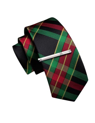Image of Barry.Wang Plaid Ties Mens Silk Necktie and Tie Clip Checkered Tie for Wedding Party Business Formal