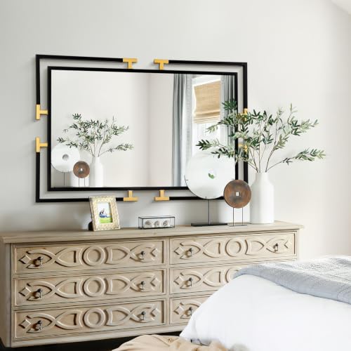Image of 48 inchx32 inch Large Black and Gold Vanity Bathroom Mirror, Modern Metal Frame Wall Decor, Horizontal and Vertical Mount for Living Room Entryway
