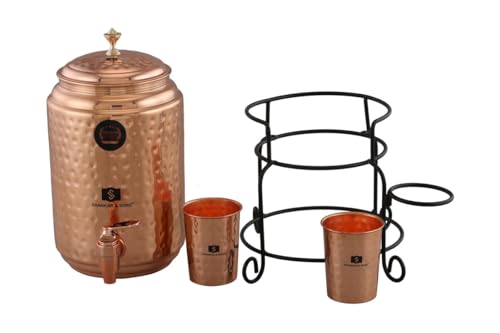 Image of SHANKAR & SONS 5 Litre Copper Water Dispenser Pot with Black Iron Stand and 2 Glasses | Hammered Texture, BPA Free, Non-Toxic with Added Health Benefits Traditional Matka for Drinking Water