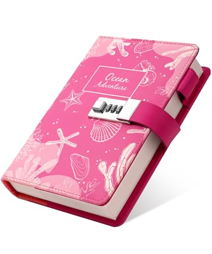 CAGIE Locked Journal Refillable Diary with Lock for Girls with 224 Pages Waterproof Locking Diary, 5.3x7.9 inches Lock Diary with Ocean Theme, Pink