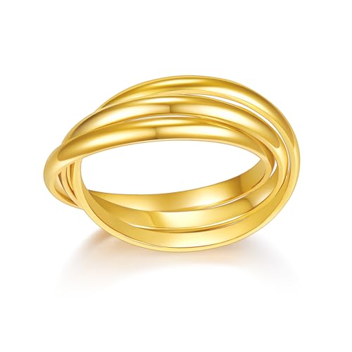 BORUO 925 Sterling Silver Ring, 14K Gold Plated Waterproof Fidget Anxiety Ring, Triple Row Rolling Interlocking Stacking High Polish Band for Women, Men| Each Band Width 1.8mm 3mm Size 4-12