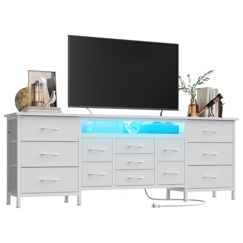 Hetoy 70 Inch TV Stand Dresser for 65-80 Inch TVs, Entertainment Center with 13 Fabric Drawers, Includes Power Outlets & LED Lights, Wide Storage Cabi
