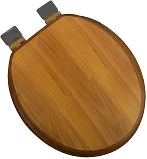 Decorative Wood Round Front Toilet Seat with Chrome Hinges, Light Oak