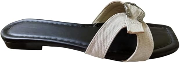 كاريسما شبشب مسطح للنساء مصنوع من مادة الدينيم، تصميم شريط × ابزيم صندل مسطح