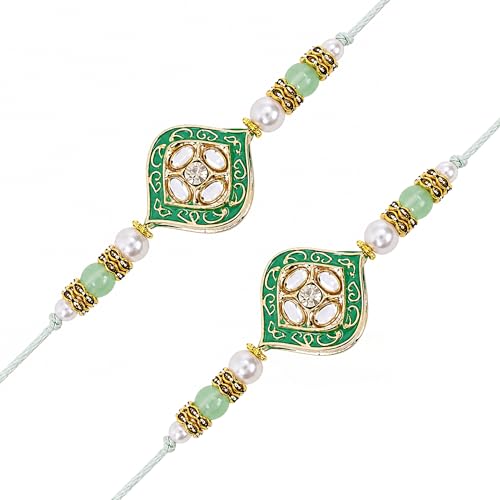 Image of I Jewels Traditional Designer Pearl Beaded Stone Rakhi Combo with Roli Chawal & Raksha Bandhan Card for Men /Boys /Brother (Pack of 2) (R188Min-2)