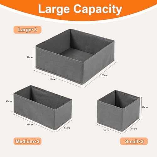 9 Pack Drawer Organisers for Clothes, Underwear Drawer Divider, Dresser Organizer Bins, Foldable Fabric Storage Box for Socks Bras Ties Scarves, Wardrobe Closet Storage Cubes - Grey - Image 3