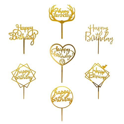 Happy Birthday Cake Topper,7 pcs Decoration Gateau Anniversaire Topper Happy Birthday Acrylique Paillettes Cupcake Toppers,pour Fêtes Anniversaire Enfants Adultes(Or)