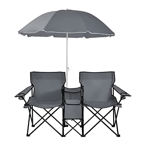 GOPLUS Chaise de Camping Pliante 2 Places avec Parasol, Fauteuil Camping Extérieur AVCE Poche, Porte-gobelets et Sac de Transport, Idéal pour Plage, Pêche,...