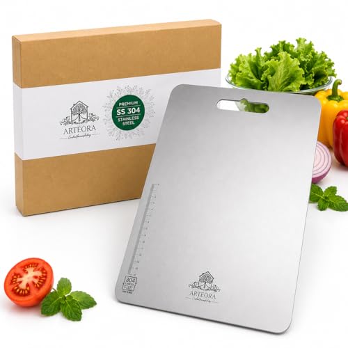 Image of Arteora Premium 304 Stainless Steel Chopping Board for Kitchen | Food Grade Steel | Anti-Bacterial, Rust-Proof, Odor-Free | Vegetable Cutting Board (Silver 35x25cm | Large)