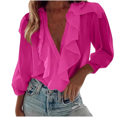 Long Sleeve Chiffon Blouses for Women UK Ruffle V Neck Button Down Shirts Elegant Party Dressy Tops Solid Casual Office Tunic Shirts Puff Sleeve Holiday Vacation01 Hot Pink L