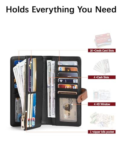 BOSTANTEN Womens Leather Wallets RFID Blocking Large Capacity Trifold Card Holder Ladies Phone Clutch Black＆Brown3