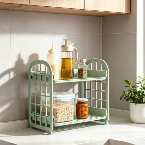 Image of 2 Pcs Desktop Rack Cosmetic Stationery Storage Holder, 2-Tier Multifunctional Plastic Shelf Makeup Organizer for Skincare Office Kitchen Bedroom Bathroom Home (Light Green + White)