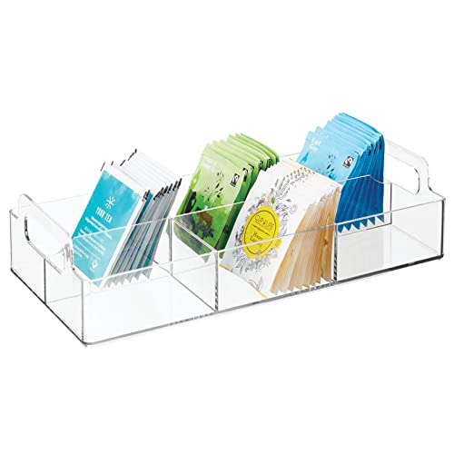 mDesign Compact Plastic Tea Storage Organizer Caddy Tote Bin - 6 Divided Sections, Built-in Handles - Holder for Tea Bags, Packets, Sweeteners and Small Packets - Lumiere Collection - Clear