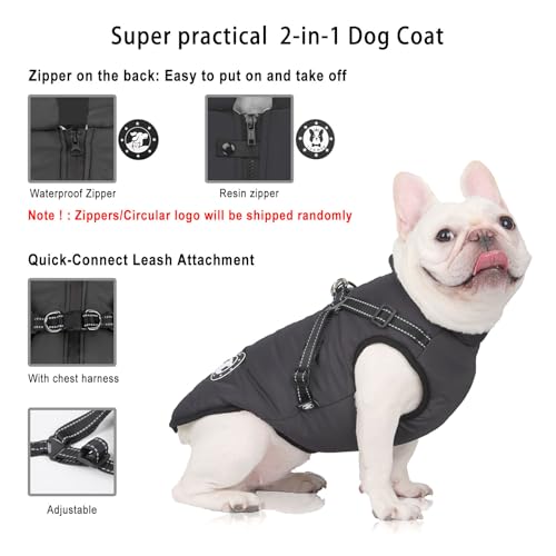 LUOWAN Hundemantel Wasserdicht, Hundemantel Französische Bulldogge, Warme Weste mit Hundegeschirr, Verschiedene Größen,Hundejacke für Kleine Hunde