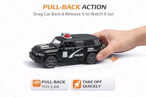 Image of 1:36 Scale Miniature Indian Police Car Model - Die-Cast Metal Pull Back Vehicle with Openable Doors - Alloy Police Toy Car for Kids, Boys & Collectors (Black)