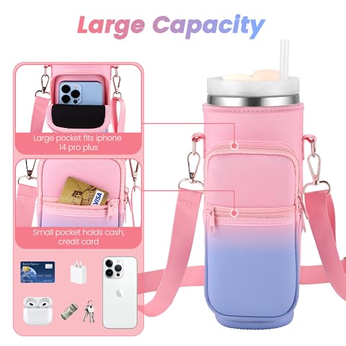 OUTXE Water Bottle Carrier Bag for 40 oz Stanley Quencher Tumbler with Handle& Simple Modern, Water Bottle Holder with Adjustable Strap& Phone Pocket, Stanley Cup Pouch Accessories (Pink Blue)