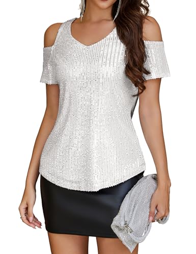 Ahlaray Cold Shoulder Sequin Top for Women Short Sleeve Sparkly Blouse Glitter Going Out Tops Party Shirt, S-XL3