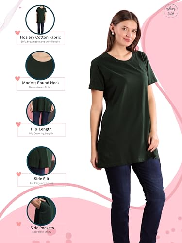 Image of 9shines Label Cotton Plus Size Long T-Shirt Tunic | Hip Covering Regular Top Nightwear| Sleepshirt Lounge wear for Women with Pocket (M-7XL)