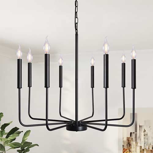 Farmhouse Chandelier 8 Light Rustic Industrial Candle Ceiling Light Fixture for Dining Room Living Room Kitchen Island Foyer Bedroom Pendant Lighting, Black