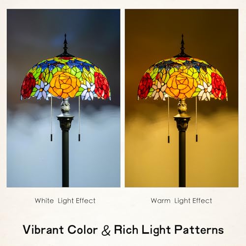 Image of Tiffany Style Floor Lamp, 16 inch Stained Glass Rose Floral Shade with Antique Bronze Base, 2-Light E26 Pull Chain Standing Reading Light for Living Room, Bedroom, UL Listed, 16x16x64 Inches
