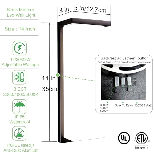 Image of 14in LED Dusk to Dawn Outdoor Wall Light Fixtures,2 Pack | 18 /20 /22W,LED,3CCT,IP65 Waterproof,Rustproof,Porch Light,Front Door,Exterior Sconces,Rectangular Wall Mount,Easy Installation