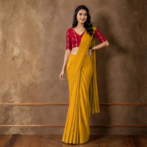 Image of Studio Shringaar Women Cotton Ikat Stretchable (Smocked) Readymade Elbow Length Sleeve Saree Blouse