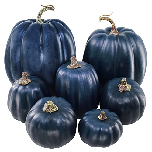 Winlyn 7 Pcs Assorted Sizes Navy Blue Artificial Pumpkins Decorative Dark Blue Pumpkins Faux Foam Pumpkins for Gifts Fall Baby Shower Thanksgiving Halloween Table Centerpiece Shelf Mantel Decoration