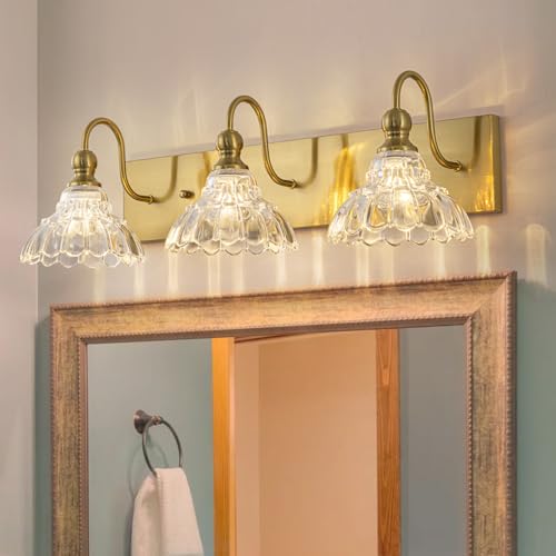 EDISLIVE Vintage Vanity Light for Bathroom Gold 3-Light Bath Wall Light Fixture with Clear Flower Glass Shades 26.38" E12 Antique Wall Sconce for Bedroom Hallway Living Room Vanity Mirror