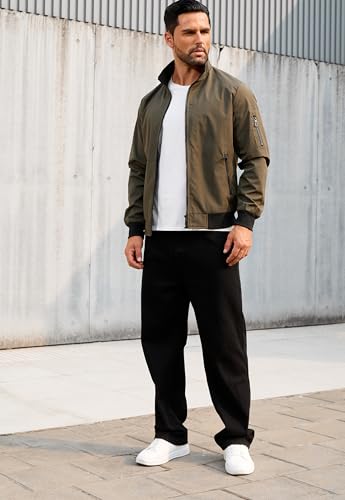 Image of QTE Army green Jacket for Men Fashion Windproof Bomber Jackets Coat Lightweight Casual Spring Fall Stand Collar Windbreaker Zip Up with Pocket