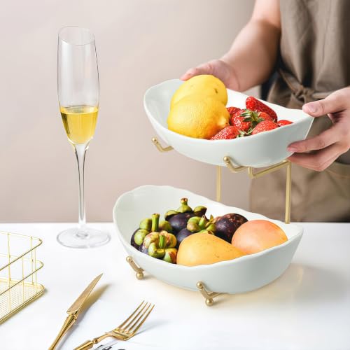 Image of 2 Tier Fruit Bowl, Ceramic Fruit Basket for Kitchen Counter (White)