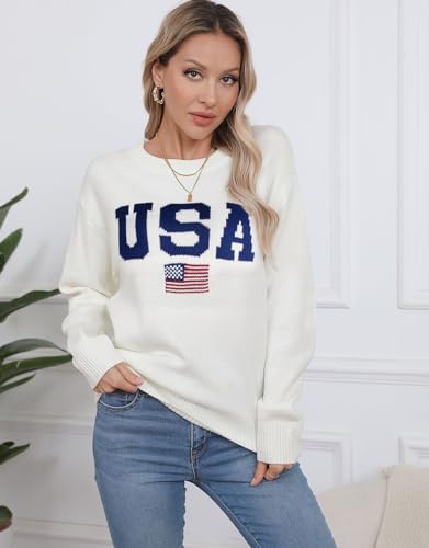 Image of Women's American Flag Sweater Long Sleeve Pullover Crew Neck Knit Tops