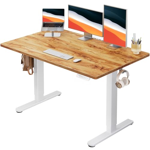 Image of HUANUO Electric Standing Desk, Whole Piece Desktop, Adjustable Height Computer Desk, 4 Height Memory Settings, Sit Stand Up Desk for Home Office, 48 inch x 30 inch, Light Vintage