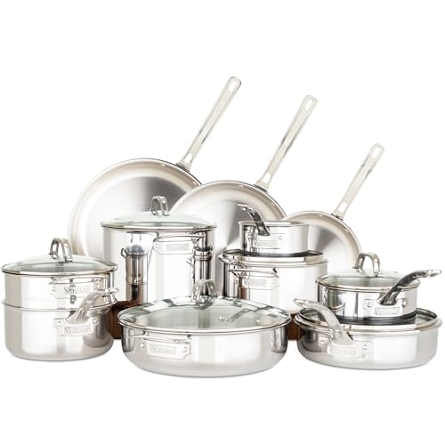 Comparison: Best Viking Cookware Set 3 Viking 3-Ply Pots and Pans Set, 17 Piece Stainless Steel Cookware Glass Lids, Steamer Insert, Silver