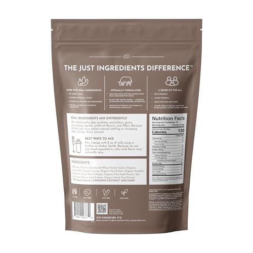 Image of JUST INGREDIENTS Protein Powder - Chocolate, Grass-Fed Whey, Organic Whole Food Blend, Gluten-Free, Keto-Friendly - 15 Servings, 24g Protein