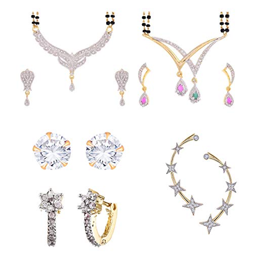 ZENEME Precious Collection of 2 Mangalsutra Sets, 1 Earcuff, 2 Earring – Jewellery for Women/Girls Combo of 5
