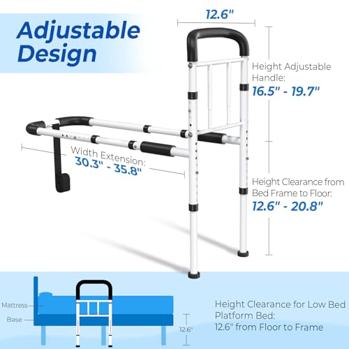 Bed Rails for Elderly Adults Safety - ASTM Approved Adjustable Bed Cane Supports 350LBS with Non-Slip Grip & Storage Pocket, Stable Bed Assist Rails for Seniors, Tool-Free - Image 3
