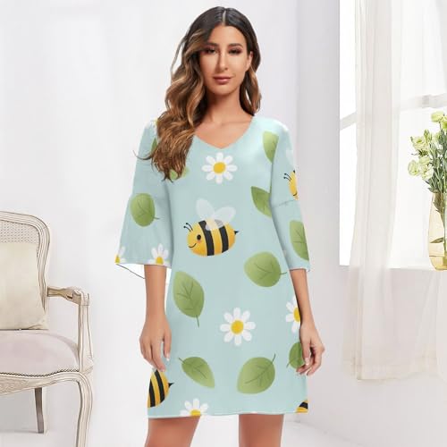 Robe décontractée rayée fluide imprimé fleurs abeilles manches 3/4 col rond