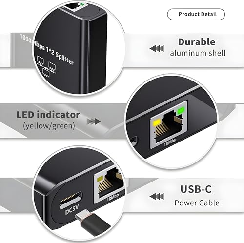 Image of Ethernet Splitter 1 to 2,1000Mbps High Speed Network Splitter,LAN Splitter 2 Port with USB Power Cable,for Cat 5 /5e /6 /7 /8 Cable, 2 Devices Simultaneous Networking, Internet Switch 1 in 2 Out