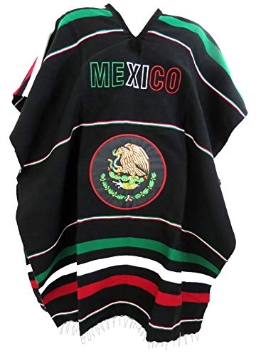 Mexican Poncho Black – Unisex Adult Serape with Mexico Flag Colors, Eagle Emblem & Fringed Edges – Handmade in Mexico