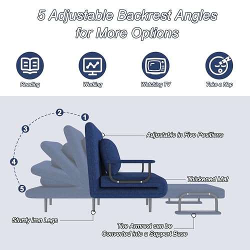 Image of Montary Space - Saving Convertible Folding Sofa Bed: Adjustable Backrest with Pillow, Comfortable Single Sleeper for Living Room, Bedroom & Office (Blue)