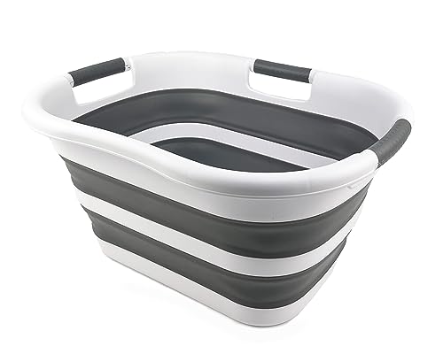 SAMMART 30L (7.9 gallons) Collapsible Plastic Laundry Basket/Washing Tub - Foldable Storage Container/Organizer - Portable Laundry Hamper - Easy Storage Pop Up saving (White/Steel Grey)