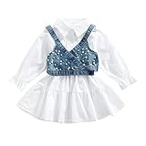 LXXIASHI 2PCS Baby Girl Strap Pearl Denim Crop Tops Beading Back Bandage Vest + Lapel Button Shirt Dress Set (White Blue, 3-4 Years)