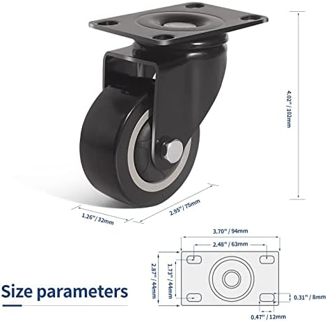 FOSLAP Heavy Duty Castor Wheels 75mm up to 350KG with Wrench and Bolt Screws - PU Rubber Swivel Wheels for Moving Furniture and Trolley (Black 2 Brakes 2 Non Brakes)