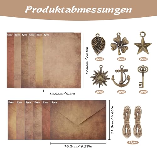 60 Stück Vintage Kraftpapier Umschläge, 12 Retro Briefumschläge,12 Retro Schlüsseln,12 Hanfseilen, 12 Sheet Vintage Seal Stickers, 24 Antik-Kraftpapier für Hochzeiten, Geburtstage