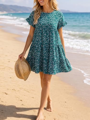Image of Chuanqi Womens Ruffles Boho Floral Printed Babydoll Loose Swing Casual Short Mini T-Shirt Dress